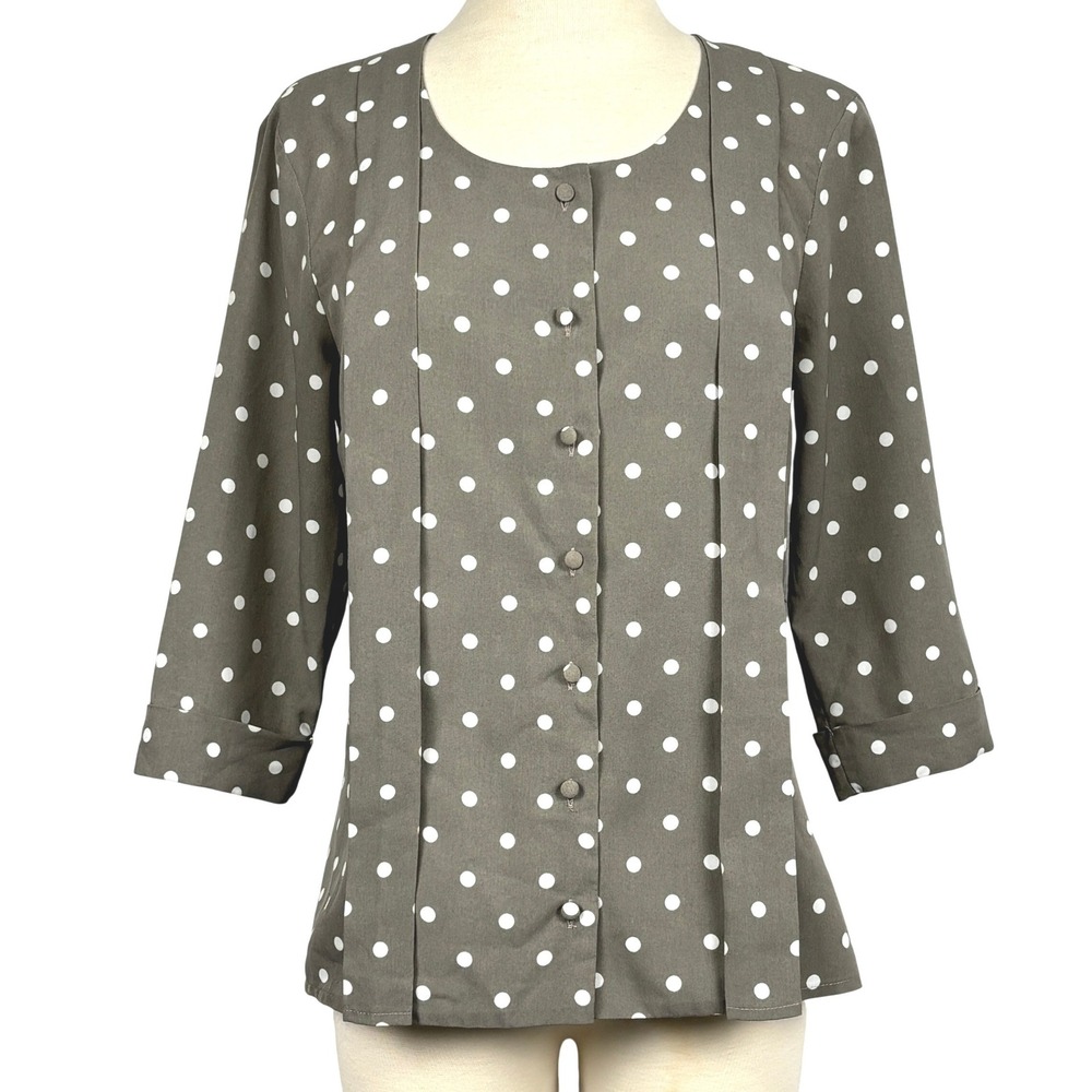 H&M Polka‎ Dot Blouse Womens US 6 Taupe White Button Front Pleated 3/4 Sleeve